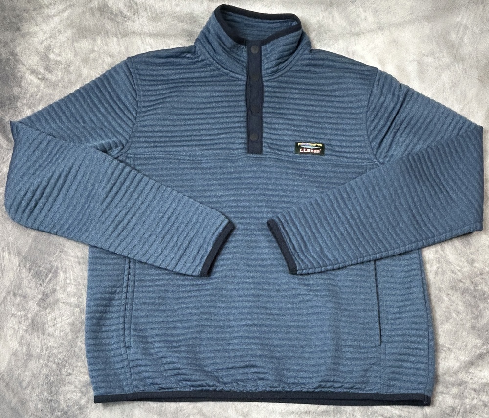L.L.Bean Airlight Knit Pullover Men M Blue Snap Neck Fleece 506874 Slightly Fitt